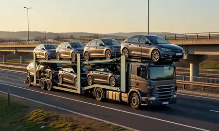 Car transporter with the Northamptonshire, United Kingdom skyline behind it