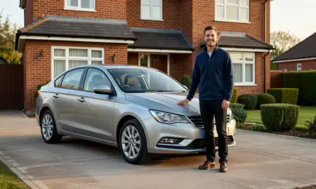 Customer with their delivered car in Corby, Northamptonshire, United Kingdom