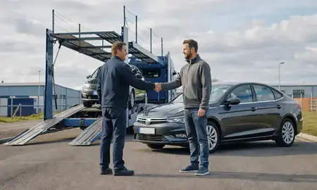 Vehicle owner beside their delivered car in Corby, Northamptonshire, United Kingdom