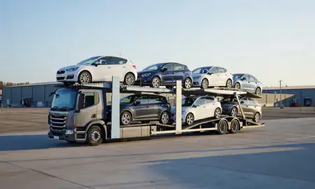 Car transporter loaded with vehicles in Corby, Northamptonshire, United Kingdom