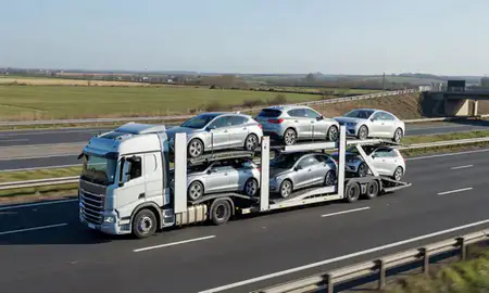 Multi-level car carrier on the motorway to Kettering, Northamptonshire, United Kingdom