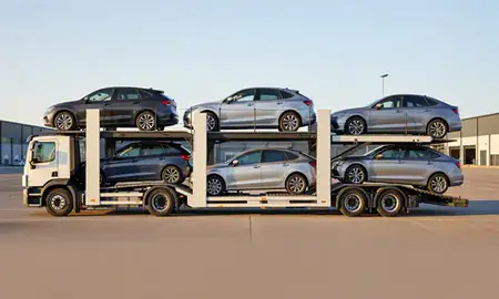 Car transporter parked in an industrial area of Kettering, Northamptonshire, United Kingdom