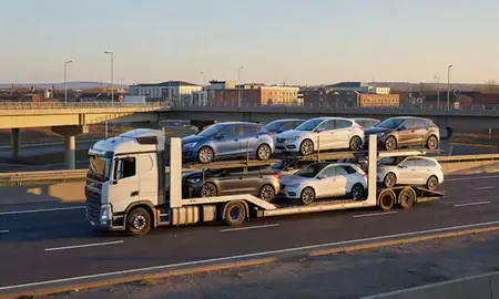 Car transporter with the Kettering, Northamptonshire, United Kingdom skyline behind it