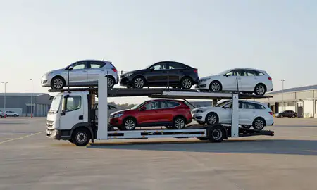 Car transporter loaded with vehicles in Northampton, Northamptonshire, United Kingdom