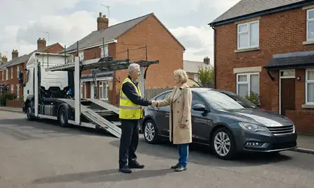 Vehicle owner beside their delivered car in Wellingborough, Northamptonshire, United Kingdom
