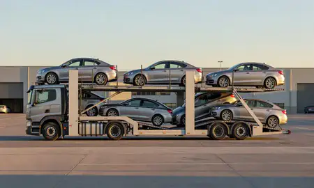 Car transporter parked in an industrial area of Wellingborough, Northamptonshire, United Kingdom