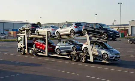 Car transporter loaded with vehicles in Wellingborough, Northamptonshire, United Kingdom