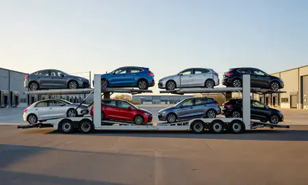 Car transporter parked in an industrial area of Northumberland, United Kingdom