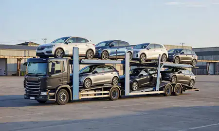 Car transporter loaded with vehicles in Northumberland, United Kingdom