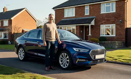 Customer with their delivered car in Blyth, Northumberland, United Kingdom