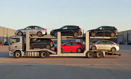 Car transporter parked in an industrial area of Blyth, Northumberland, United Kingdom