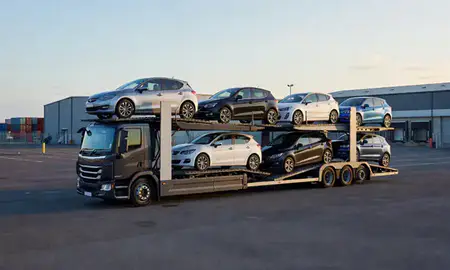 Car transporter loaded with vehicles in Blyth, Northumberland, United Kingdom