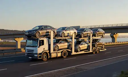 Car transporter with the Blyth, Northumberland, United Kingdom skyline behind it
