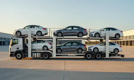 Car transporter parked in an industrial area of Nottinghamshire, United Kingdom