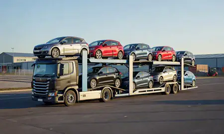 Car transporter loaded with vehicles in Nottinghamshire, United Kingdom