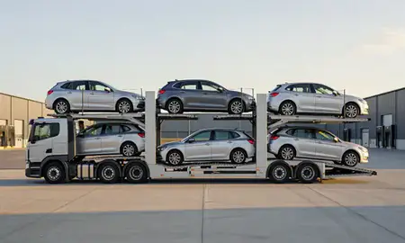 Car transporter parked in an industrial area of Arnold, Nottinghamshire, United Kingdom