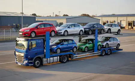 Car transporter loaded with vehicles in Arnold, Nottinghamshire, United Kingdom