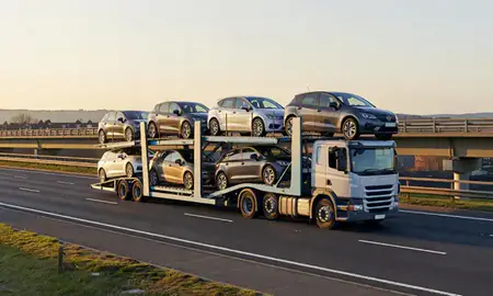 Car transporter with the Arnold, Nottinghamshire, United Kingdom skyline behind it