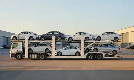 Car transporter parked in an industrial area of Beeston, Nottinghamshire, United Kingdom