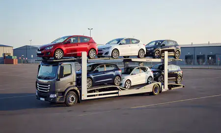 Car transporter loaded with vehicles in Beeston, Nottinghamshire, United Kingdom