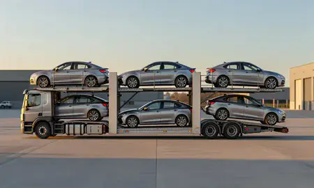 Car transporter parked in an industrial area of Carlton, Nottinghamshire, United Kingdom