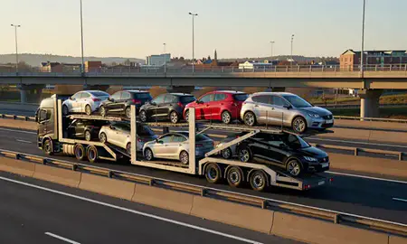 Car transporter with the Carlton, Nottinghamshire, United Kingdom skyline behind it