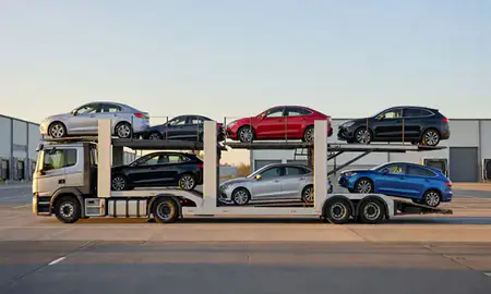 Car transporter parked in an industrial area of Mansfield, Nottinghamshire, United Kingdom