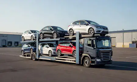 Car transporter loaded with vehicles in Mansfield, Nottinghamshire, United Kingdom