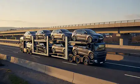 Car transporter with the Mansfield, Nottinghamshire, United Kingdom skyline behind it