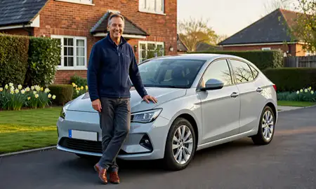 Customer with their delivered car in Newark-on-Trent, Nottinghamshire, United Kingdom
