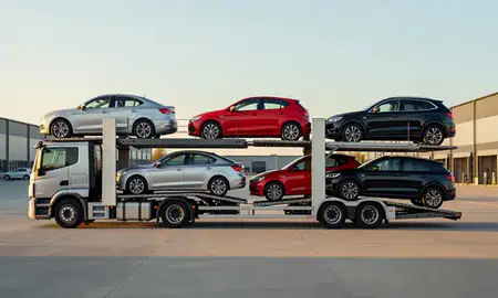 Car transporter parked in an industrial area of Newark-on-Trent, Nottinghamshire, United Kingdom