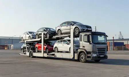 Car transporter loaded with vehicles in Newark-on-Trent, Nottinghamshire, United Kingdom