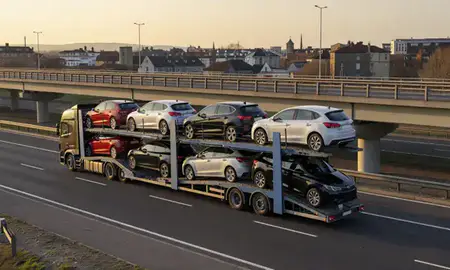 Car transporter with the Newark-on-Trent, Nottinghamshire, United Kingdom skyline behind it