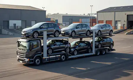 Car transporter loaded with vehicles in Nottingham, Nottinghamshire, United Kingdom