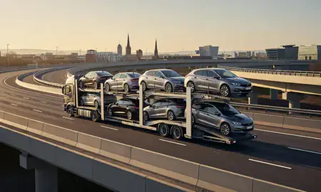 Car transporter with the Nottingham, Nottinghamshire, United Kingdom skyline behind it