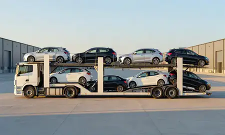 Car transporter parked in an industrial area of Sutton-in-Ashfield, Nottinghamshire, United Kingdom