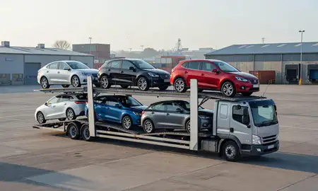 Car transporter loaded with vehicles in Sutton-in-Ashfield, Nottinghamshire, United Kingdom
