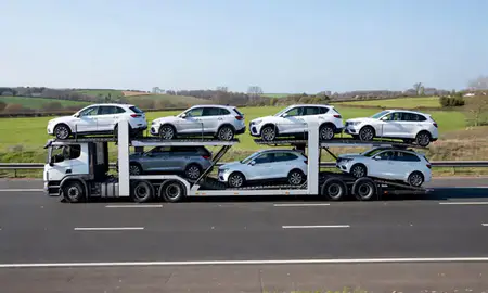 Multi-level car carrier on the motorway to West Bridgford, Nottinghamshire, United Kingdom