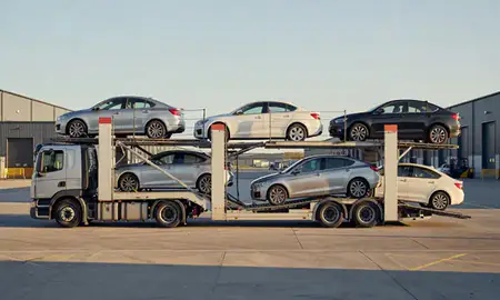 Car transporter parked in an industrial area of West Bridgford, Nottinghamshire, United Kingdom