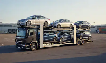 Car transporter loaded with vehicles in West Bridgford, Nottinghamshire, United Kingdom