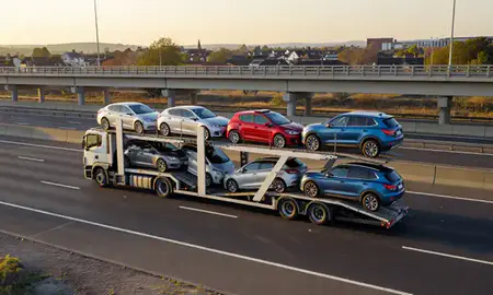 Car transporter with the West Bridgford, Nottinghamshire, United Kingdom skyline behind it