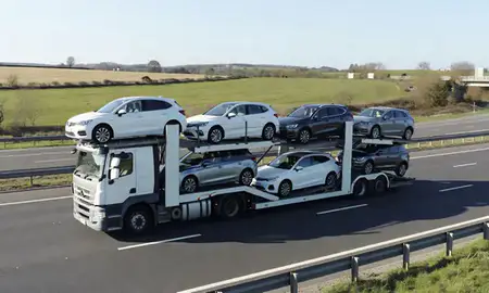 Multi-level car carrier on the motorway to Worksop, Nottinghamshire, United Kingdom