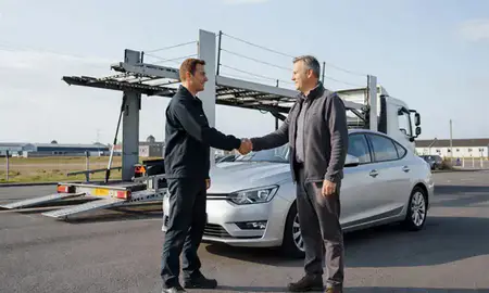 Vehicle owner beside their delivered car in Worksop, Nottinghamshire, United Kingdom