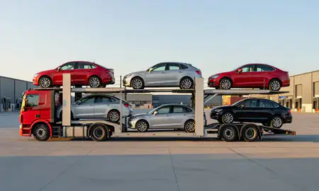 Car transporter parked in an industrial area of Worksop, Nottinghamshire, United Kingdom