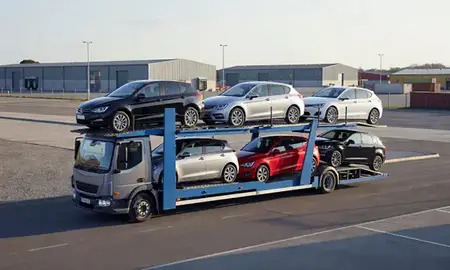 Car transporter loaded with vehicles in Worksop, Nottinghamshire, United Kingdom