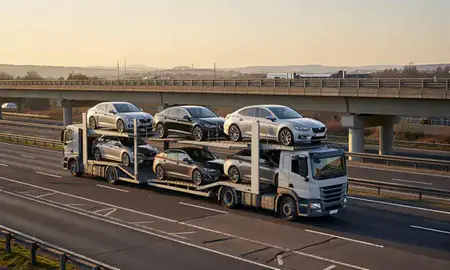 Car transporter with the Worksop, Nottinghamshire, United Kingdom skyline behind it