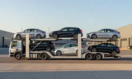 Car transporter parked in an industrial area of Oxfordshire, United Kingdom