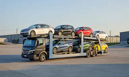 Car transporter loaded with vehicles in Oxfordshire, United Kingdom