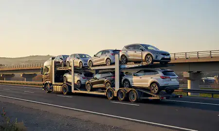 Car transporter with the Oxfordshire, United Kingdom skyline behind it