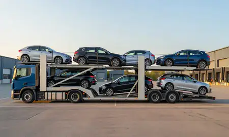 Car transporter parked in an industrial area of Abingdon-on-Thames, Oxfordshire, United Kingdom